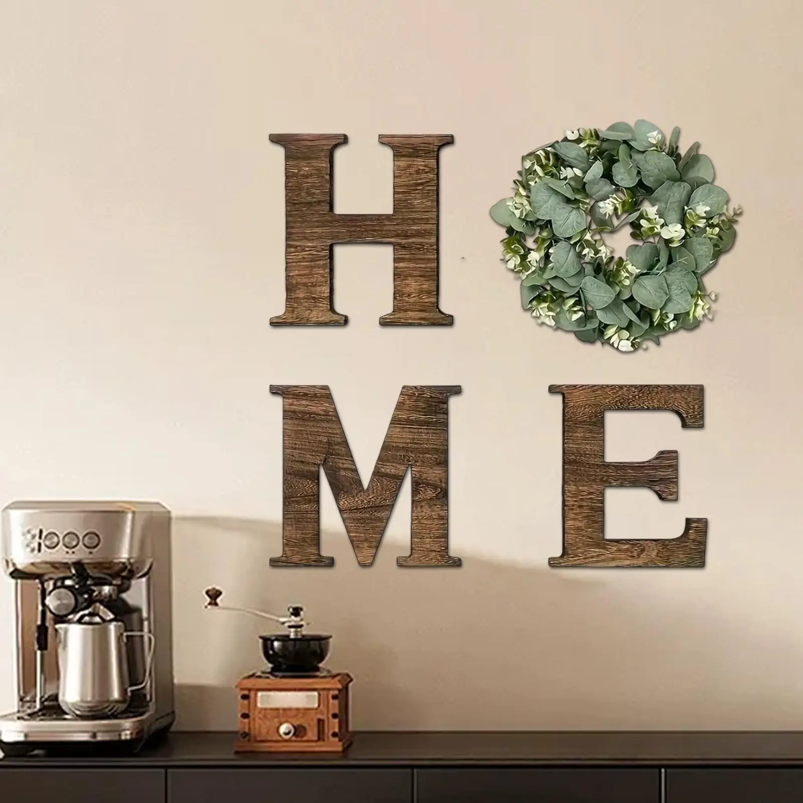 Panneau mural avec lettres en bois, décor rustique avec couronne d'eucalyptus artificielle, pour salon, cuisine, entrée, pendaison de crémaillère, mariage