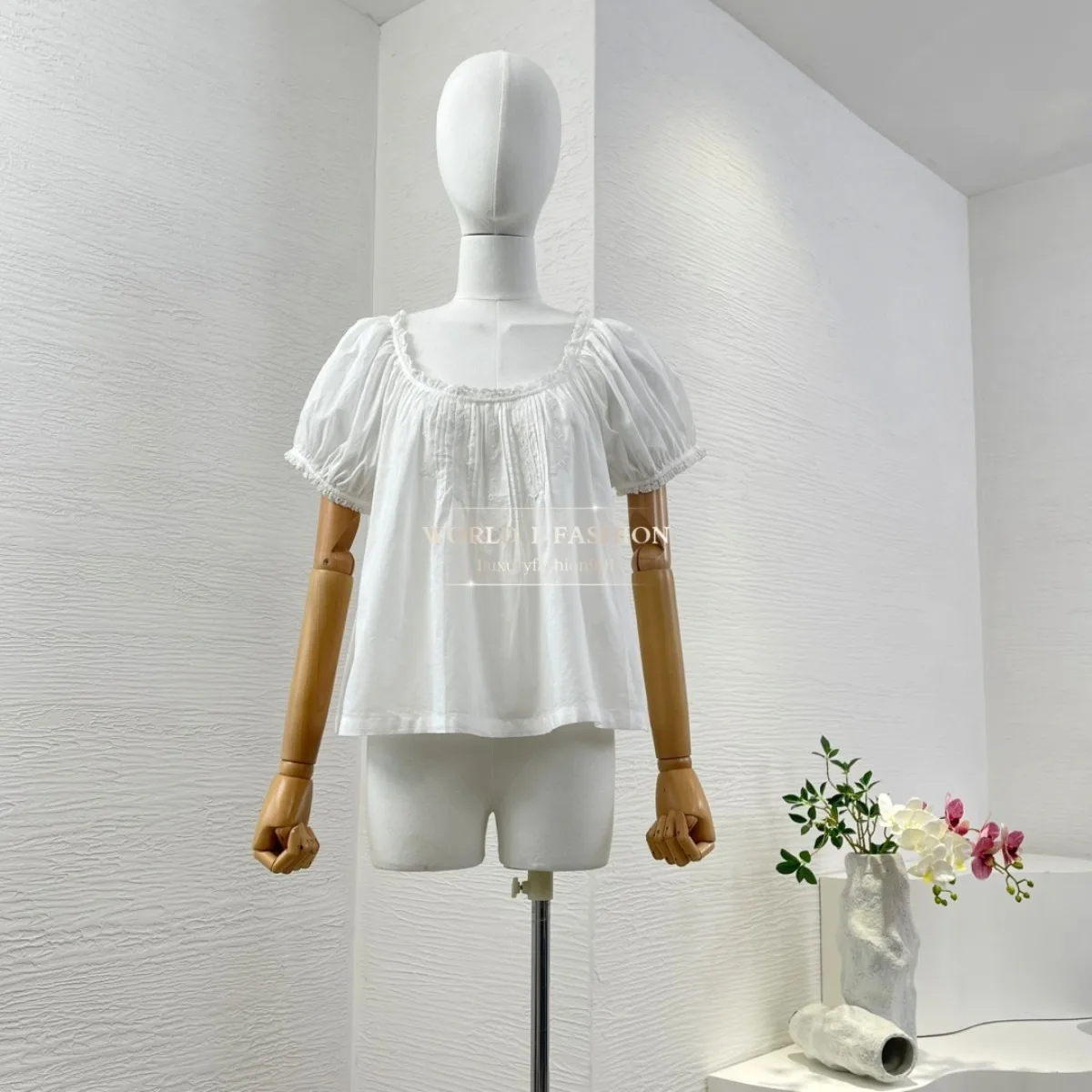 

White Short Sleeve Blouse Tops Cotton 2025