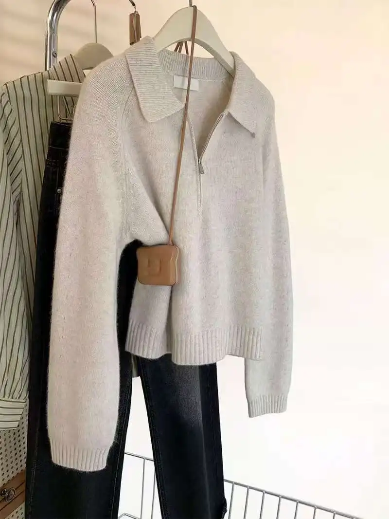 k ey  Collar f Zip Knitted Sweater Women's Autumn Winter New Sle Small Size Flip Collar Knitwear Top