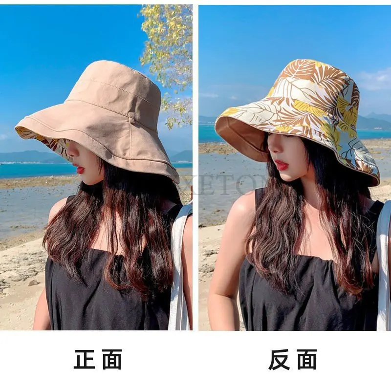 Summer New Cotton Breathable Big Brim Solid Color Fashion Bucket Hat Women Outdoor Travel Adjustable Sun Fisherman Hat