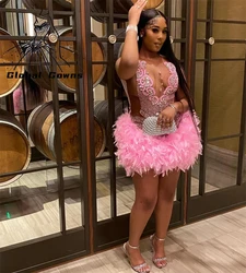 Pink O Neck Short Prom Dress For Black Girls Beaded Crystal Rhinestone Birthday Party Dresses Feather Evening Gown Customized