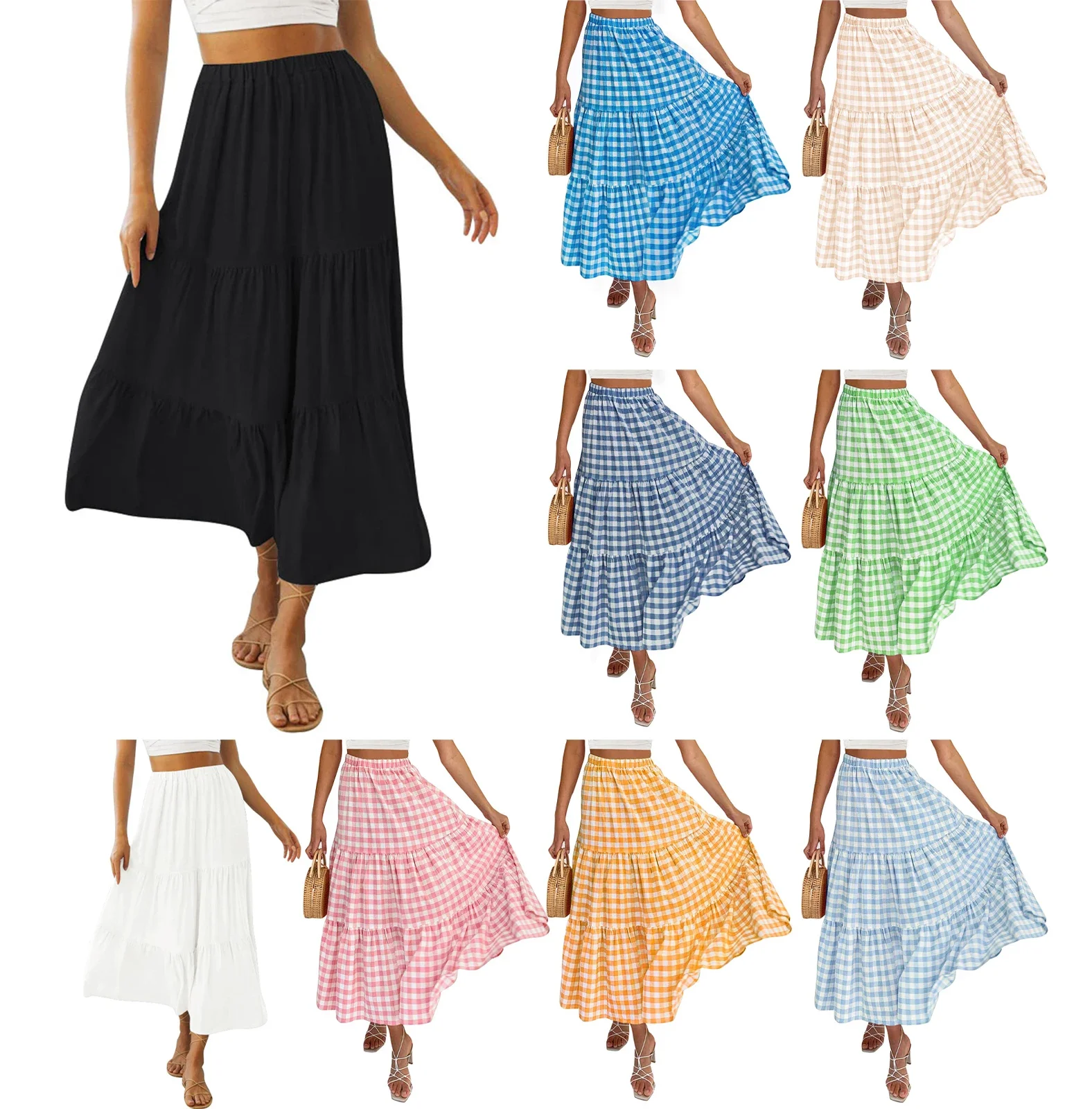 Dames Zomer Hoge Taille Rok Effen Kleur/Geruite Lange Rok Voor Reizen Strand Winkelen