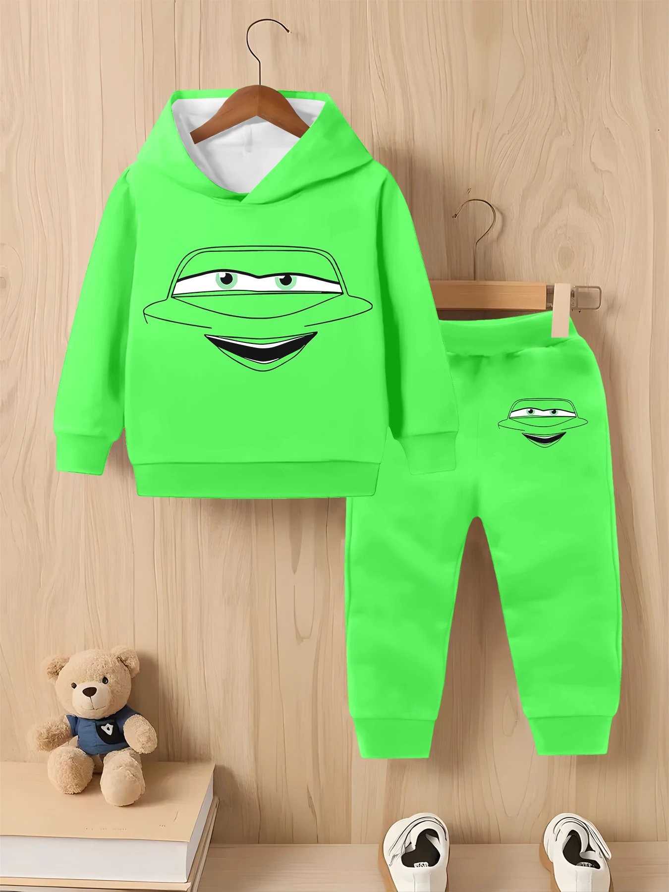 

Boys' Fluorescent Green Car Cartoon Theme Set, Fun Character Printed Hooded Sweatshirt