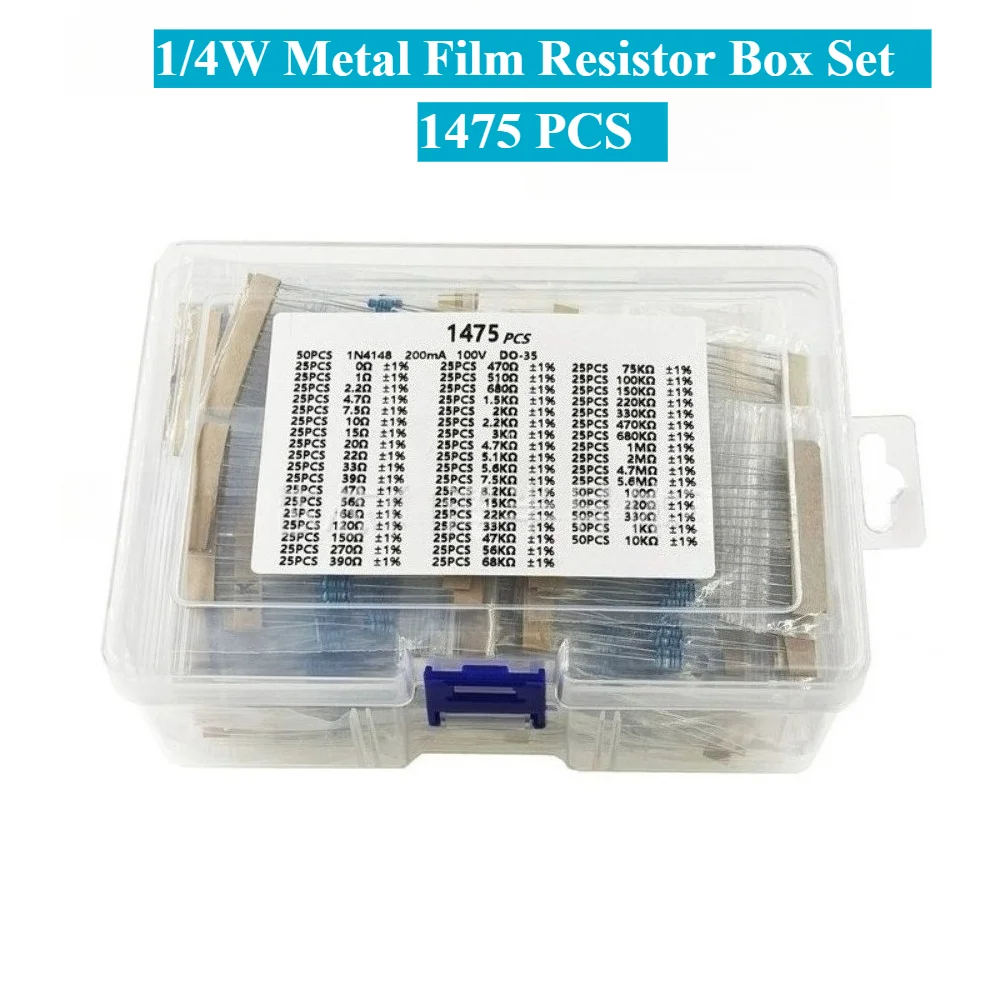 

1/4W Metal Film Resistor Kit 1 Percent 1475PCS Assorted Values 5 Band Axial Through Hole DIY Box Set