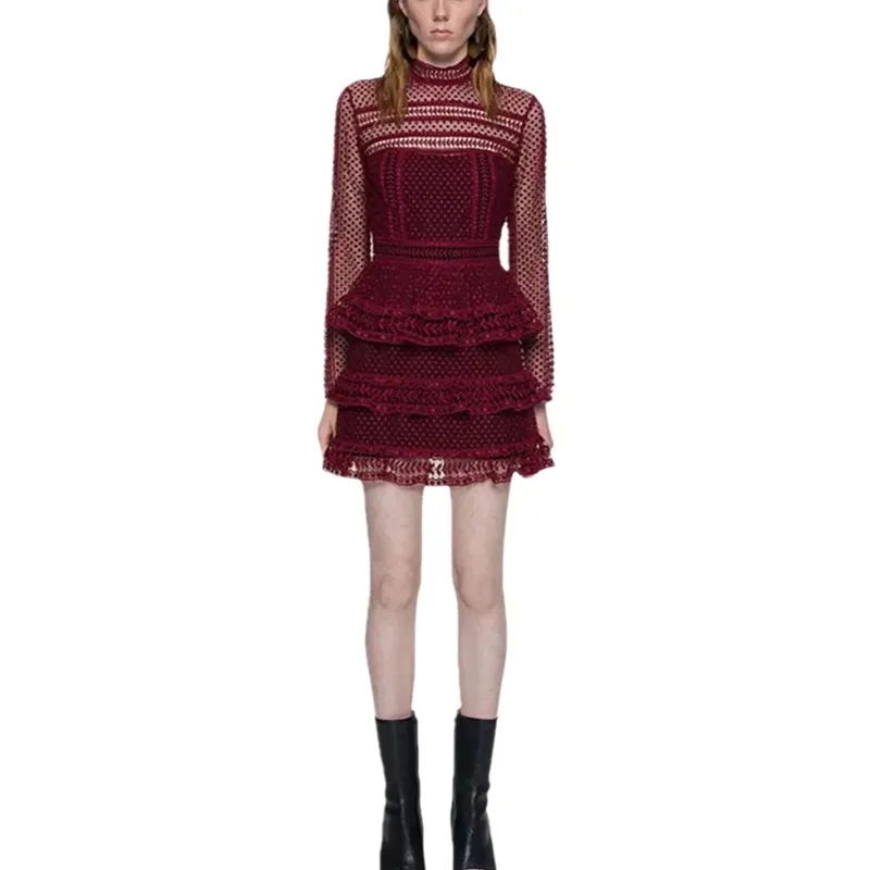 2025 High-end custom spring and winter Runway Designer Dress Women's Luxury Brand Long Sleeve Red Lace Dress