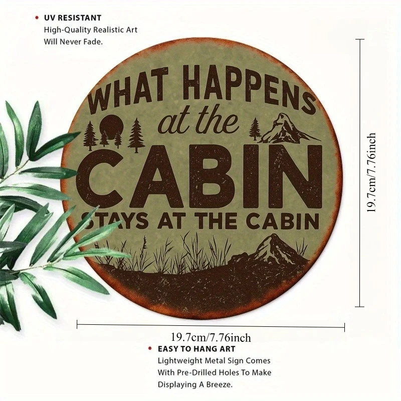 مسطح ثنائي الأبعاد، قطعة واحدة من فن الحائط للمقصورة الريفية - "ماذا يحدث في المقصورة يبقى في المقصورة" علامة حديدية بتصميم جبل وشجرة صنوبر #2