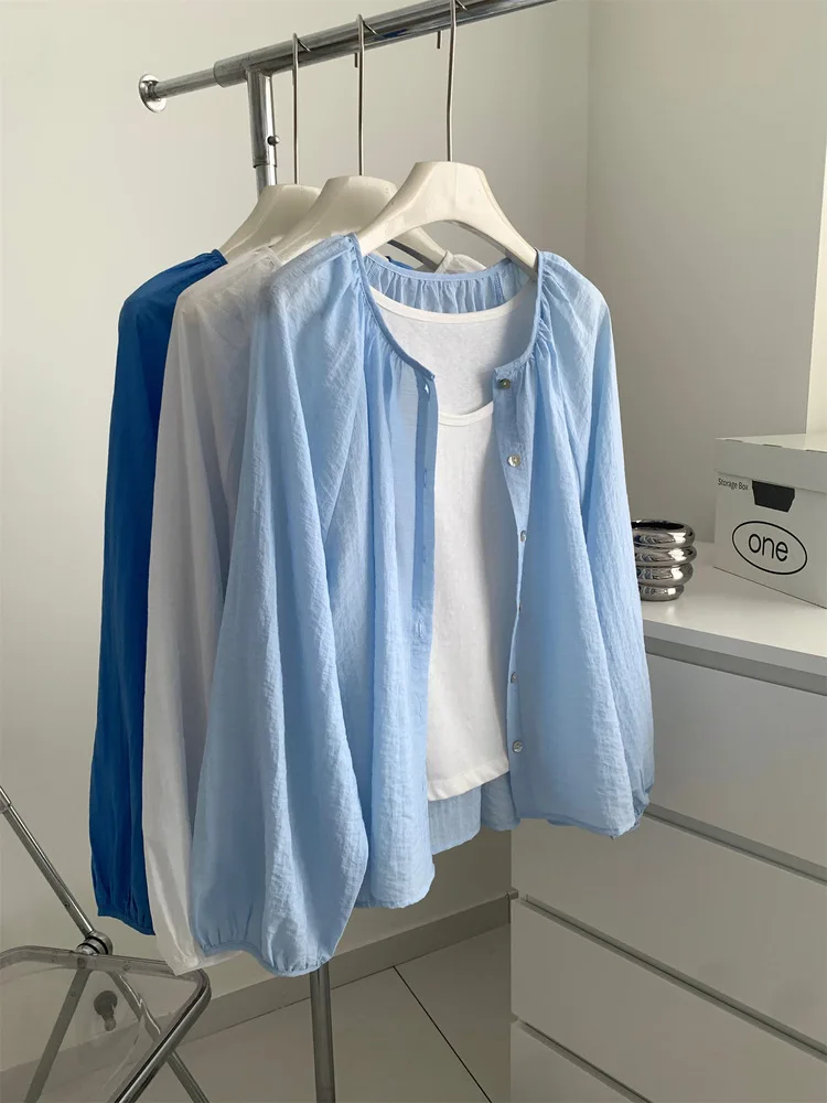 

Round Neck Blue Shirts For Women, Lightweight Flowing, Loose Fit With Raglan Sleeves Shell Buttons,