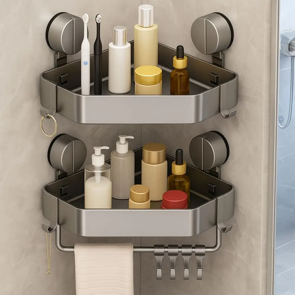 

Треугольная полка для хранения на присоске без сверления, большая вместимость, экономия места, настенная угловая полка, прочная несущая способность с крючками