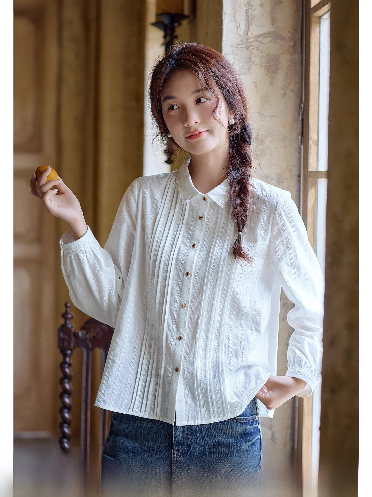 

Ele White Long Sve Pure Cotton irt Women's Faion Spring Autumn Top Comfortable Breathable Loose Fit Collar