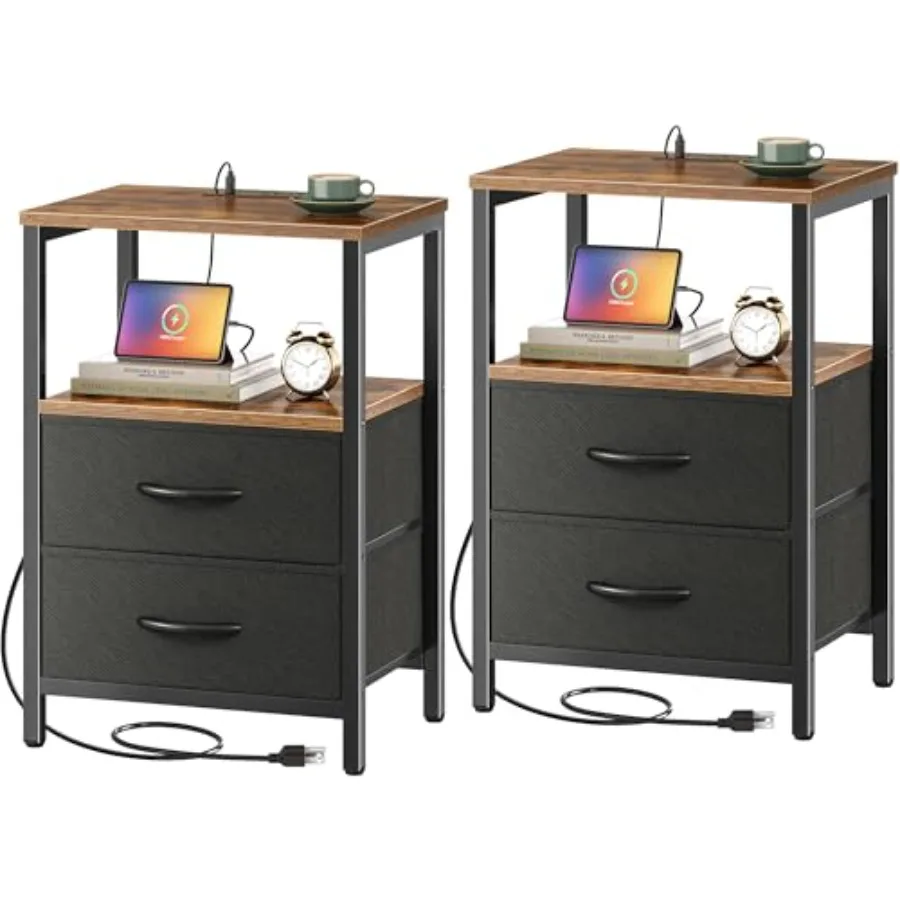 Nightstands Set of 2 End Tables with Charging Station Side Tables with Fabric Drawers Bedside Tables with USB Ports and Outlets