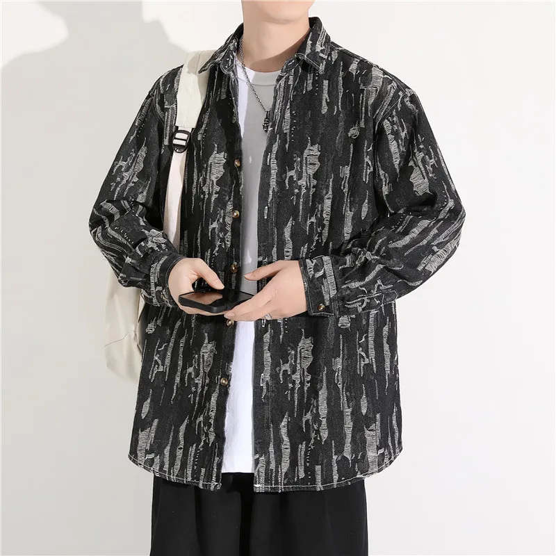 

Мужская свободная рубашка с длинным рукавом, винтажный дизайн с рваными элементами, весенняя модная повседневная верхняя одежда в гонконгском стиле, полиэстер, хлопок