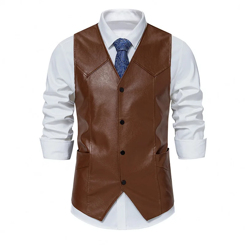 #4850Autumn Winter Faux Leather Vest Waistcoat Men V-neck Single Breasted Men\'s Vest Regular Fit PU Leather Vest Men Solid Color