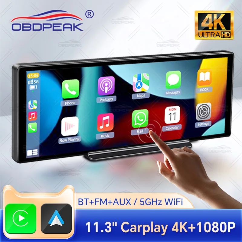 11.3 inch Car DVR 4K Dash Cam Dual Lens Wireless Carplay & Android Auto Video Recorder Monitor GPS Navigation 5G Wifi FM AUX
