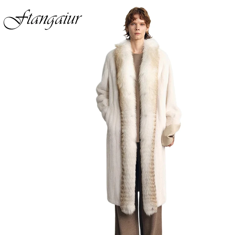 Ftangaiur Winter Import Velvet Mink Fur Coat With Fox Fur Collar Mink Coat Full Sleeve Women X-Long Natural Real Mink Fur Coats
