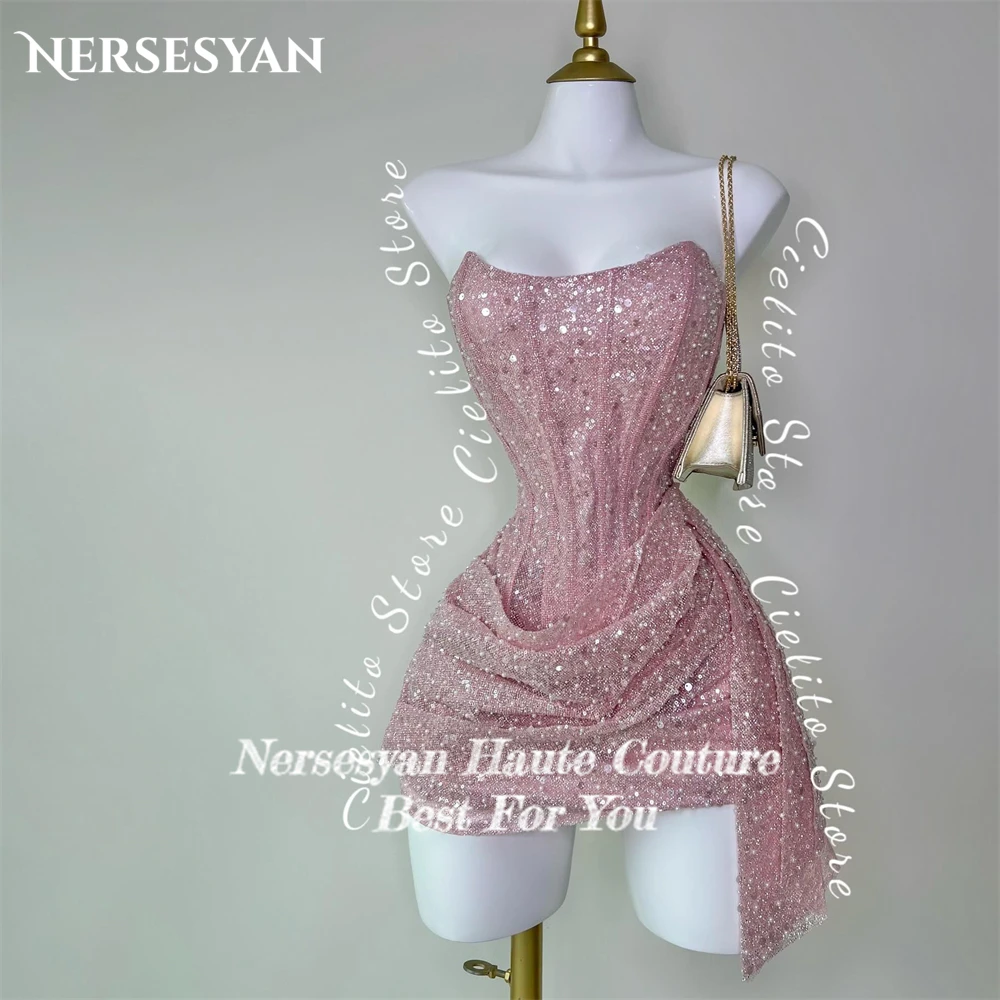 Nersesyan Rose Red Glitter Party Gowns For Evening Off Shoulder Lace Pleats Backless Prom Dress Pearls Sequins Cocktail Dresses