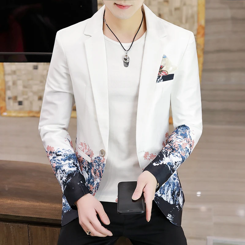 남성 슬림핏 블레이저 가을 패션 프린트 잘생긴 한국어 버전 캐주얼 싱글 브레스트 연회 부티크 스타일
