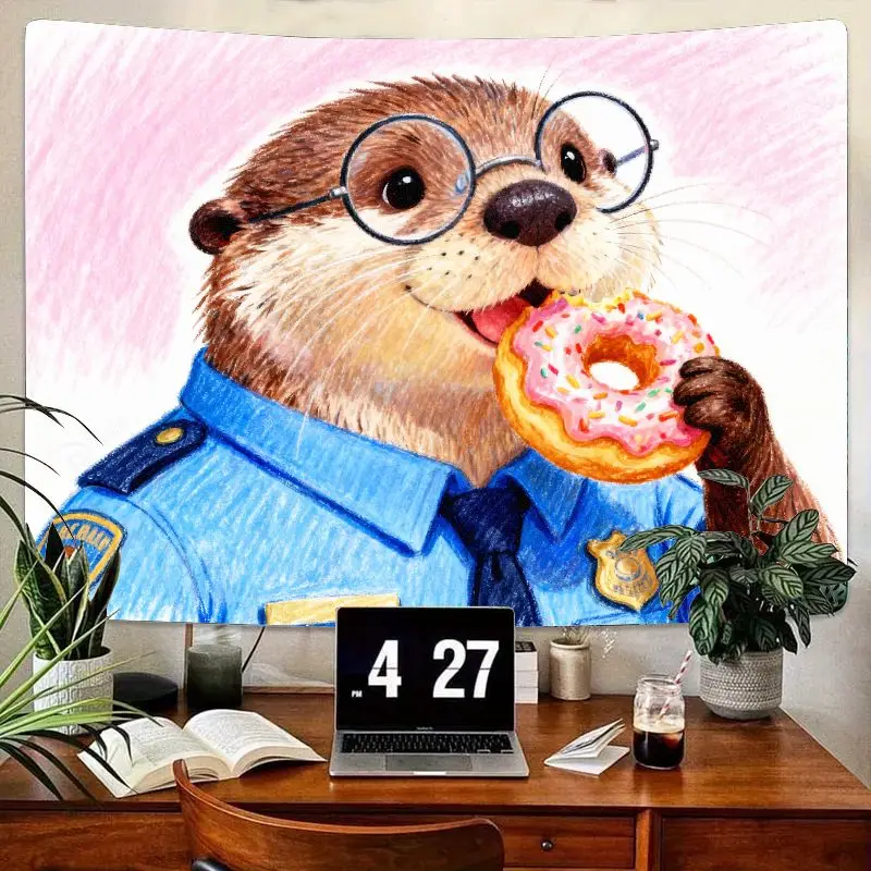 

1 шт. милый гобелен с изображением пончика полиции выдры, забавный настенный художественный декор с животными в стиле каваи, современный полиэстер для гостиной, спальни, общежития, подарок