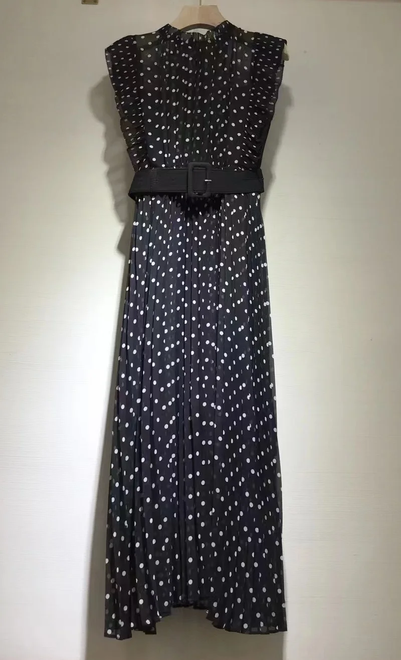 

Hih Quality Brand New 2023 Summer Dress Women Polka Dot Prints Belt Deco Sleeveless Mid-Calf Length Casual Pleated Dress Black