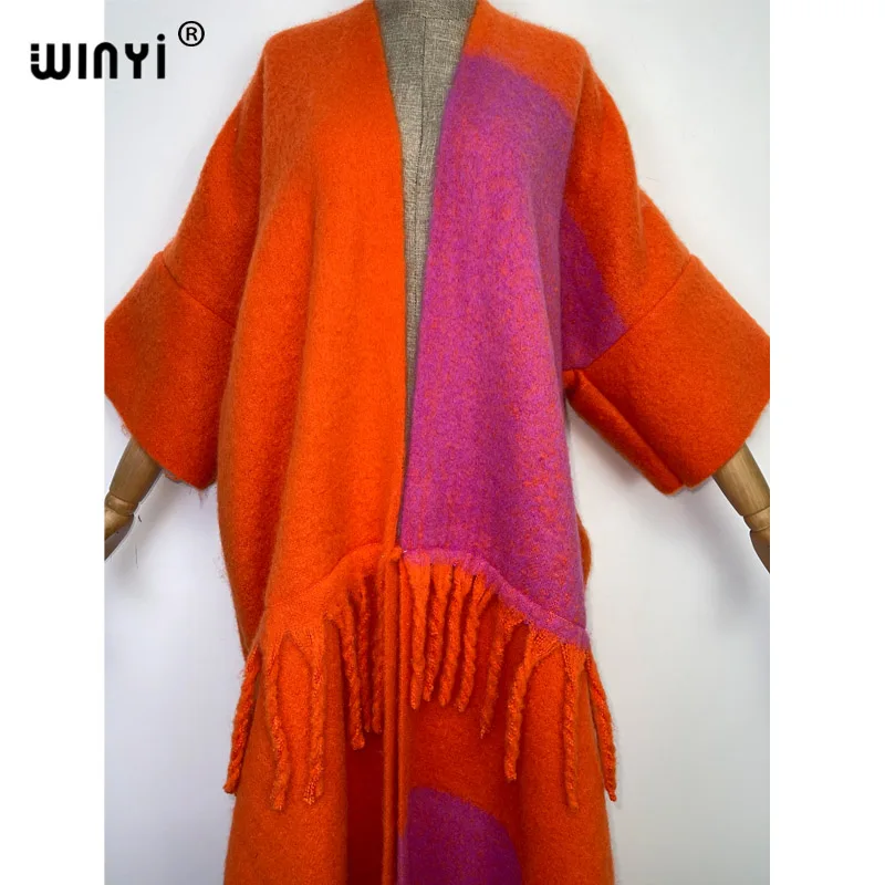 WINYI new Africa Winter Women tassel Cardigan coat Loose Christmas dress robe longue Thick Warm free size orange printing Kaftan