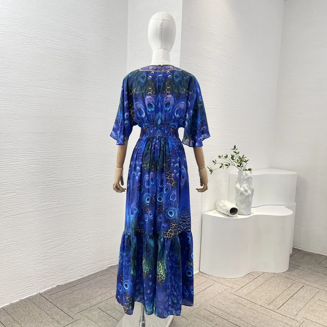 Blue Peacock Animals Print 2024 Latest Collection Half Sleeve Diamonds Pressed V Neck Shirred Women Retro Silk Midi Dress