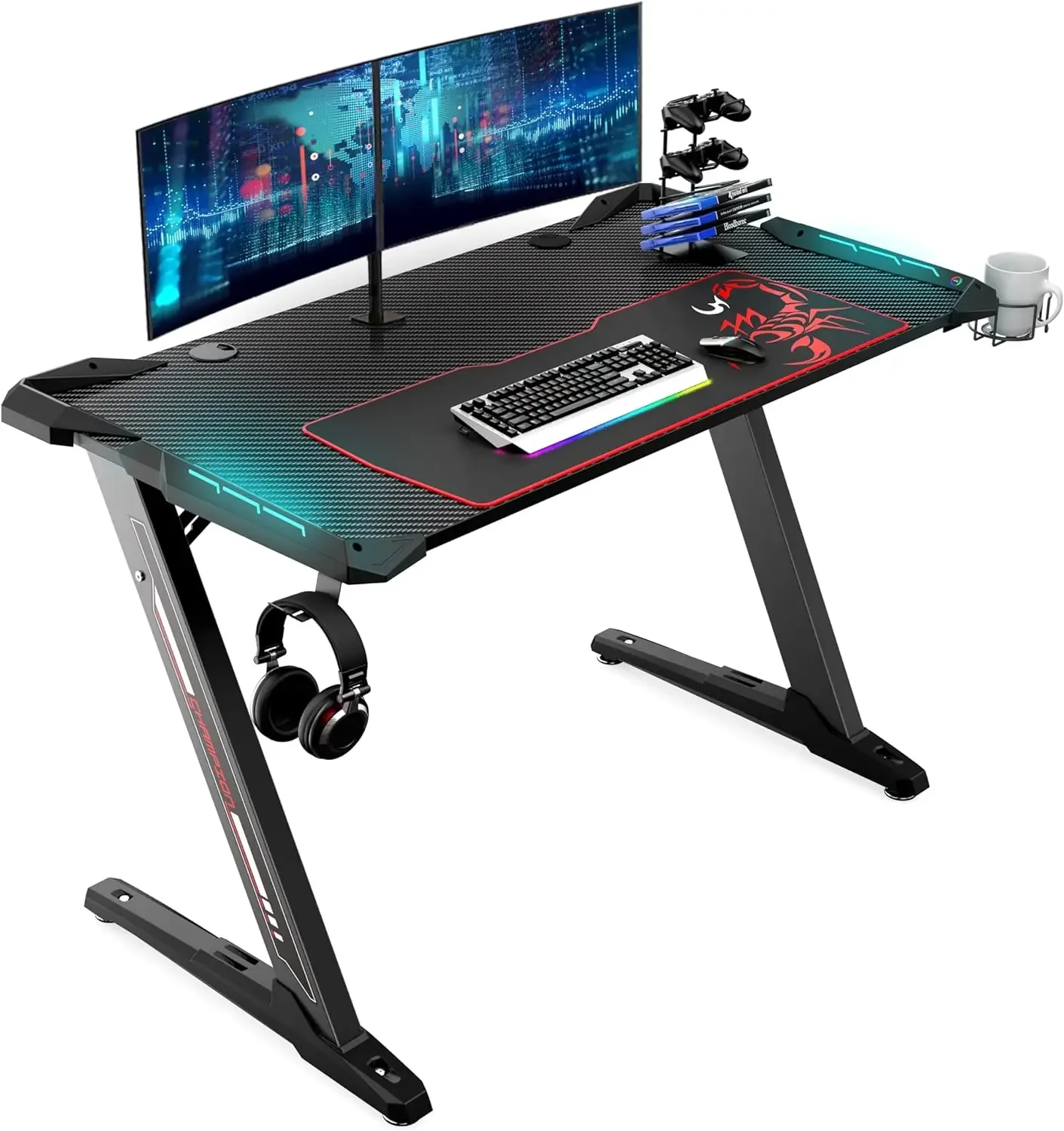 Gaming Desk 44.5" Z Shaped Home Office PC Computer Desks Gamer Tables LED Lights Controller Stand Cup Men Boyfriend Female Gift