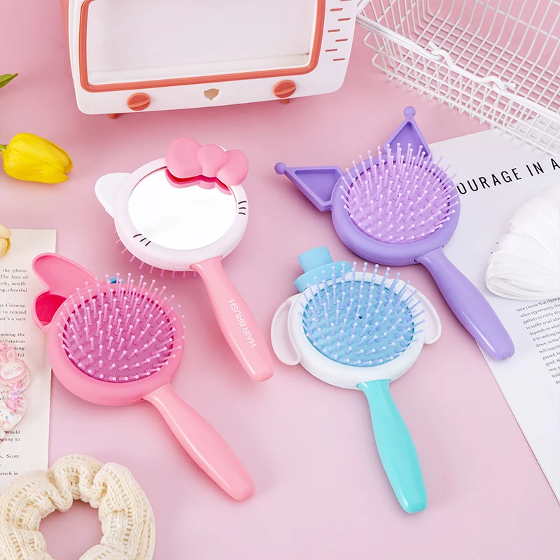 

Sweet Hello Kitty Cinnamoroll Anime Kawaii Sanrio New Hairbrush Cute Cartoon Kuromi Hair Comb Mirror Gifts for Girls