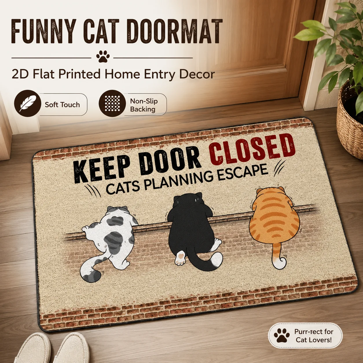 

Keep Door Closed Funny Cat Doormat 2D Flat Printed Felt Floor Mat Cats Planning Escape Entrance Rug Welcome Home Decor