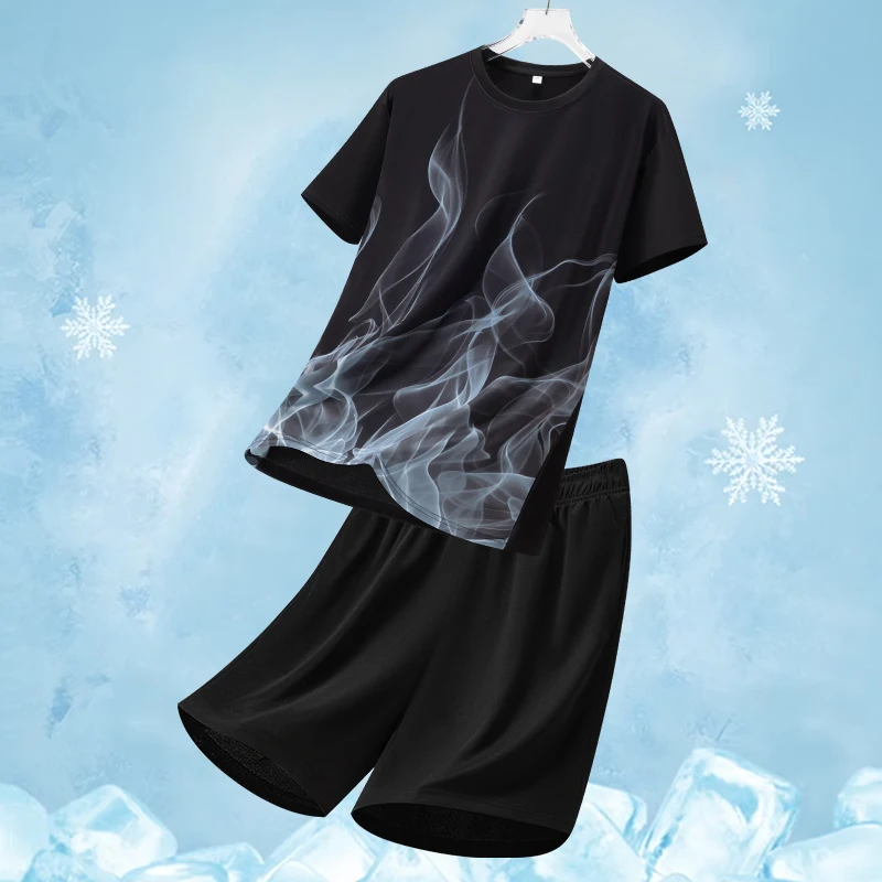

Summer 2 Pcs Ice Silk Quick Dry Sports Sets Men Fire Gradient Printed Short Sleeved Tshirt Shorts for Men's Women's Running Sets