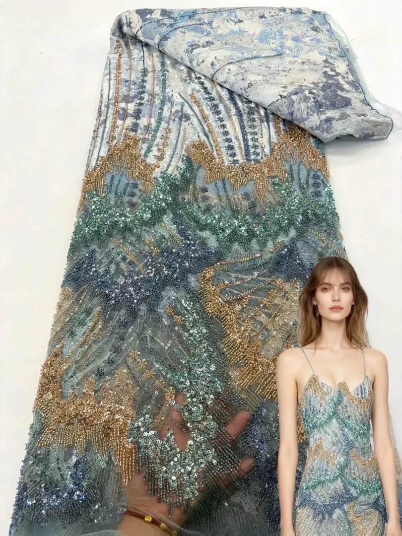 

Роскошная новая французская африканская кружевная ткань с бисером, 2025, высокое качество, вышивка для женщин, свадебное платье, кружевная ткань с блестками, 5 ярдов