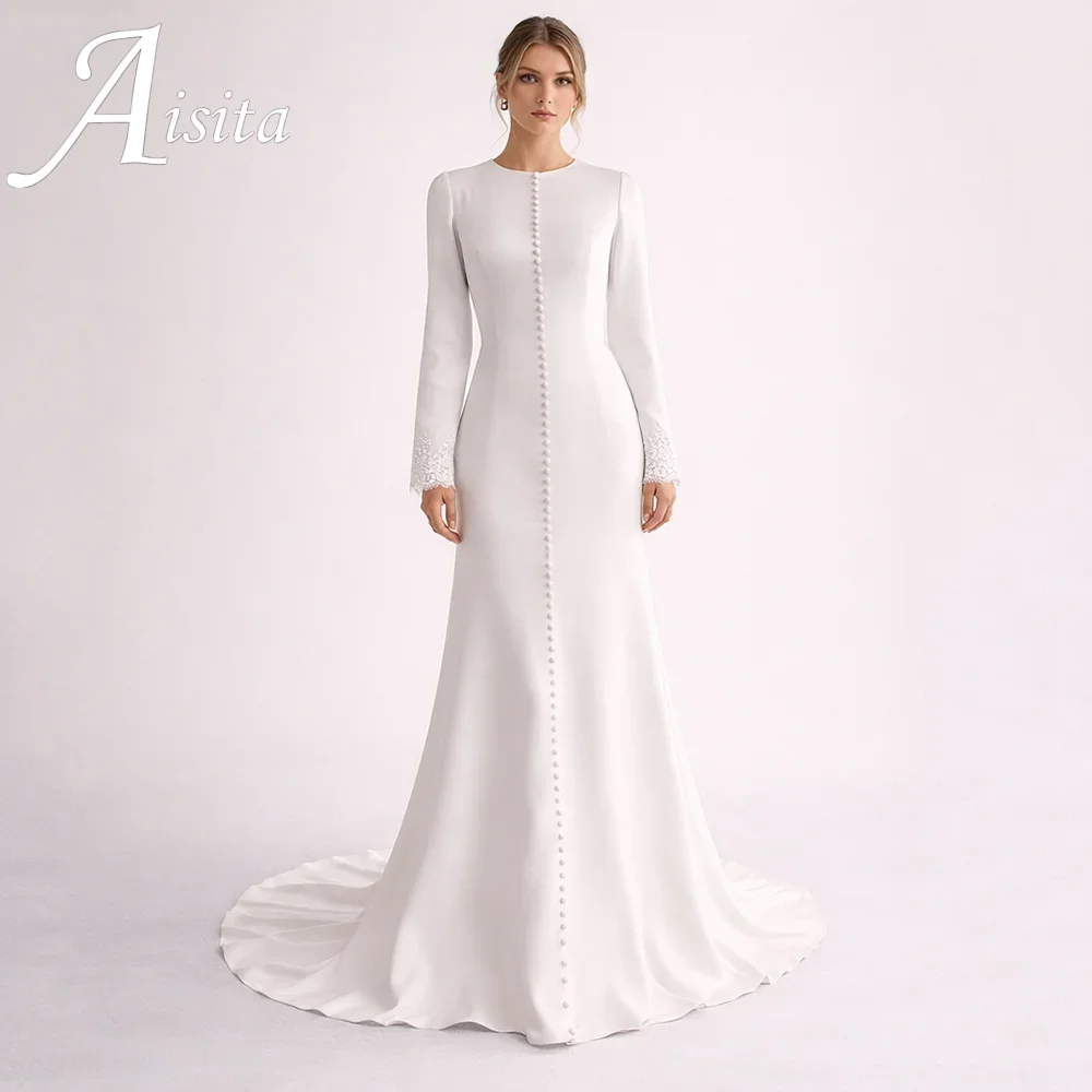 Muslim Wedding Dresses A Line Mermaid Brides Dress O NeckLong Sleeve Button Woman's Bridal Dress Vestido De Novia Customiz