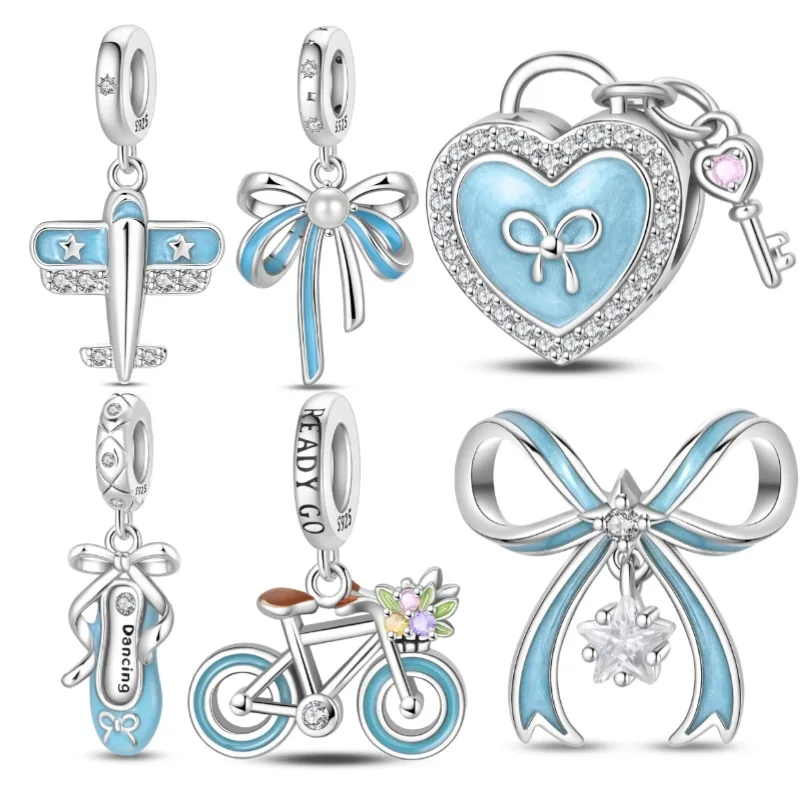 Original 925 Stering Silver Blue Bow Perfume Heart Charm Dancing shoes Bead Fit Original 3mm Bracelet DIY For Women Fine Jewelry