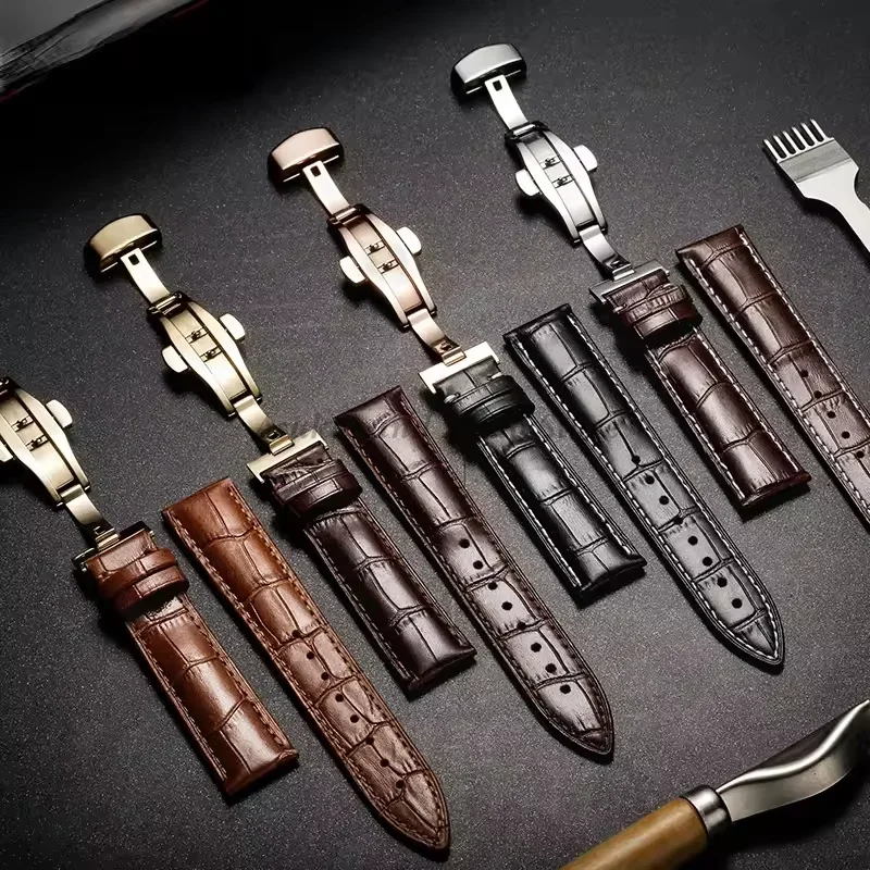 14/15/16/17/18/19/20/22mm 24mm Calf Genuine Leather Watch Band Alligator Grain Butterfly Clasp Watch Strap for Tissot for Seiko