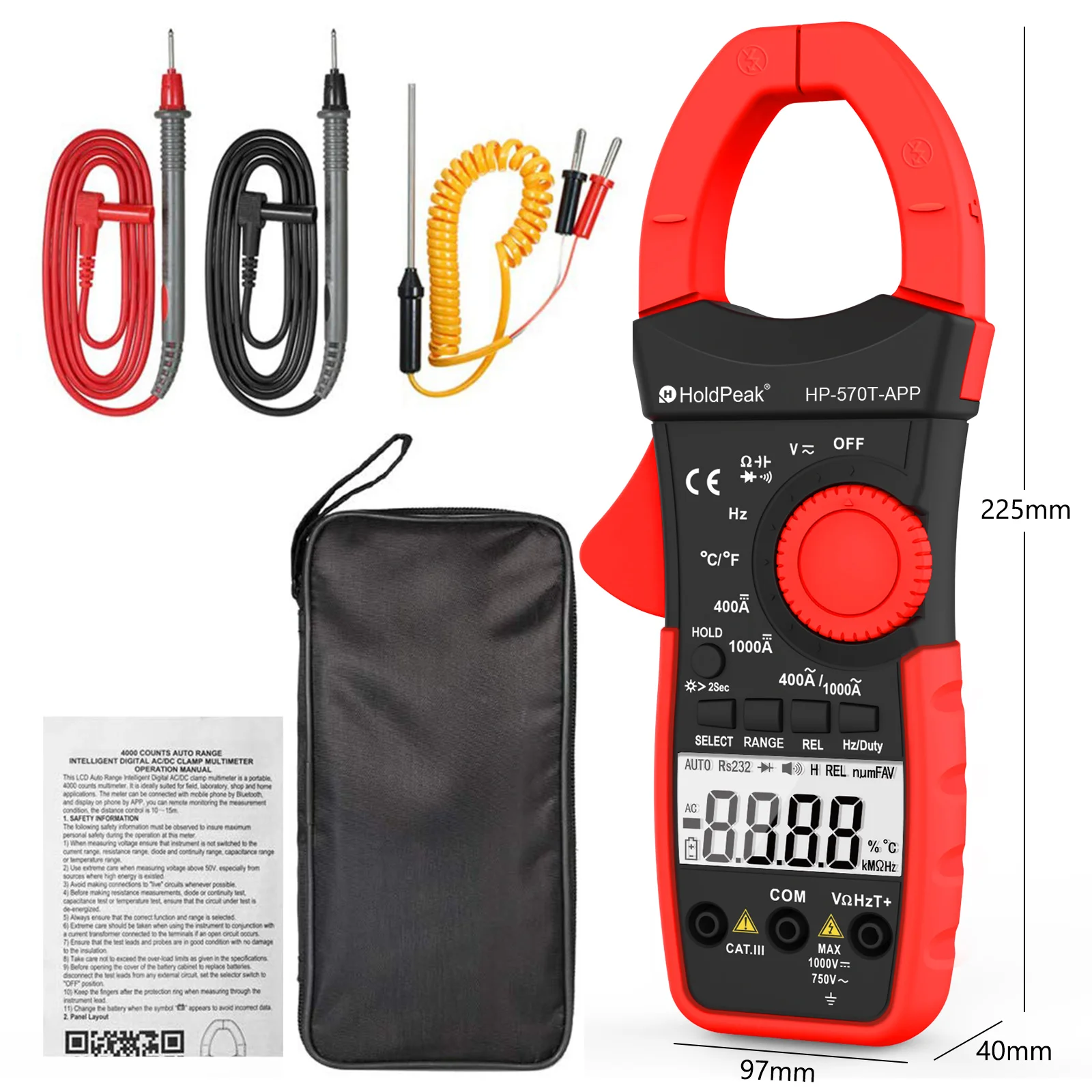 HoldPeak HP-570T-APP Digital Clamp Meter 4000 counts 1000A AC Current Voltage Capacitance Multimeter Connect to Phone Tester