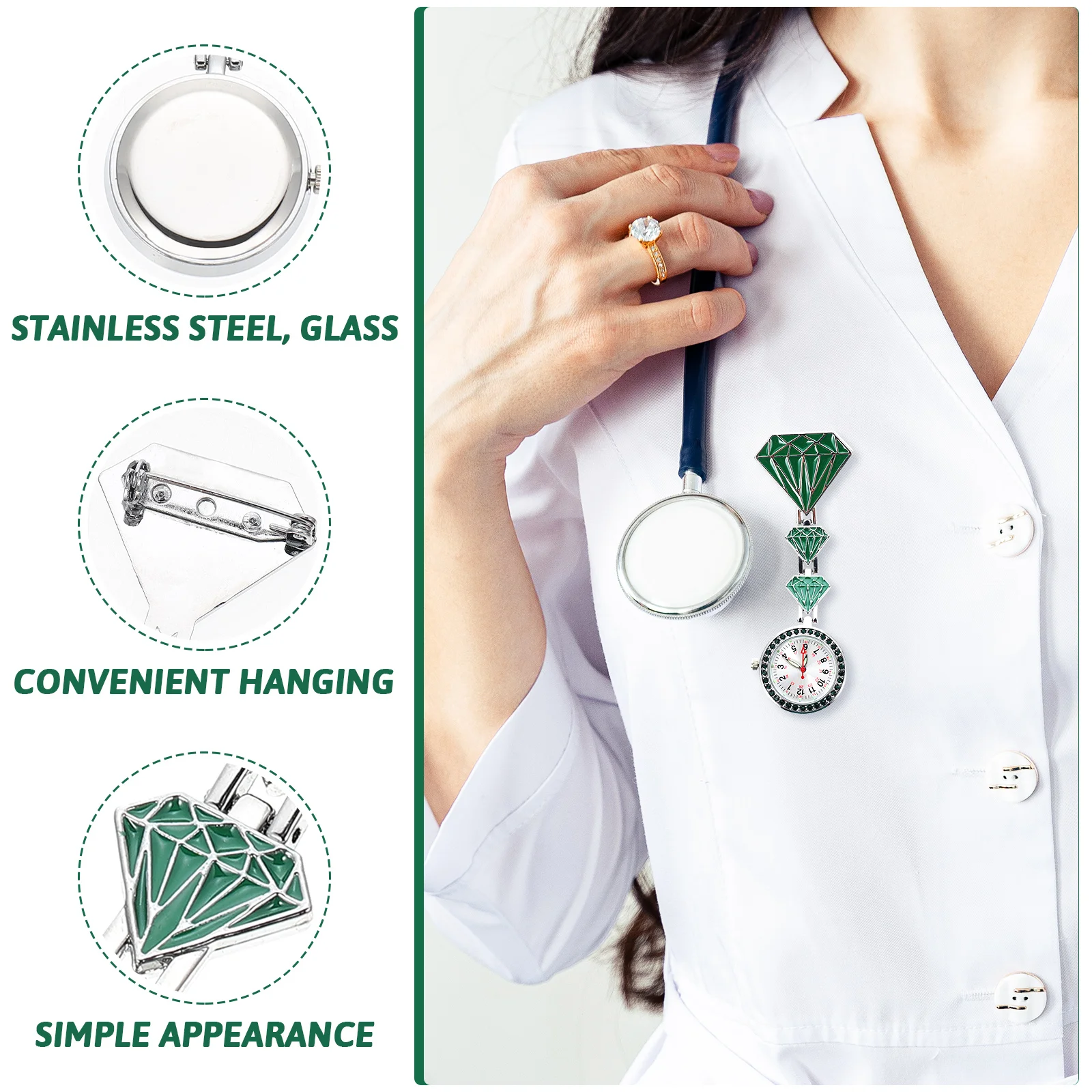 

Nurse Pocket Watch Stainless Steel Green Durable Testing Doctor Pendant Watches Accessories for Work Students Pin Watches
