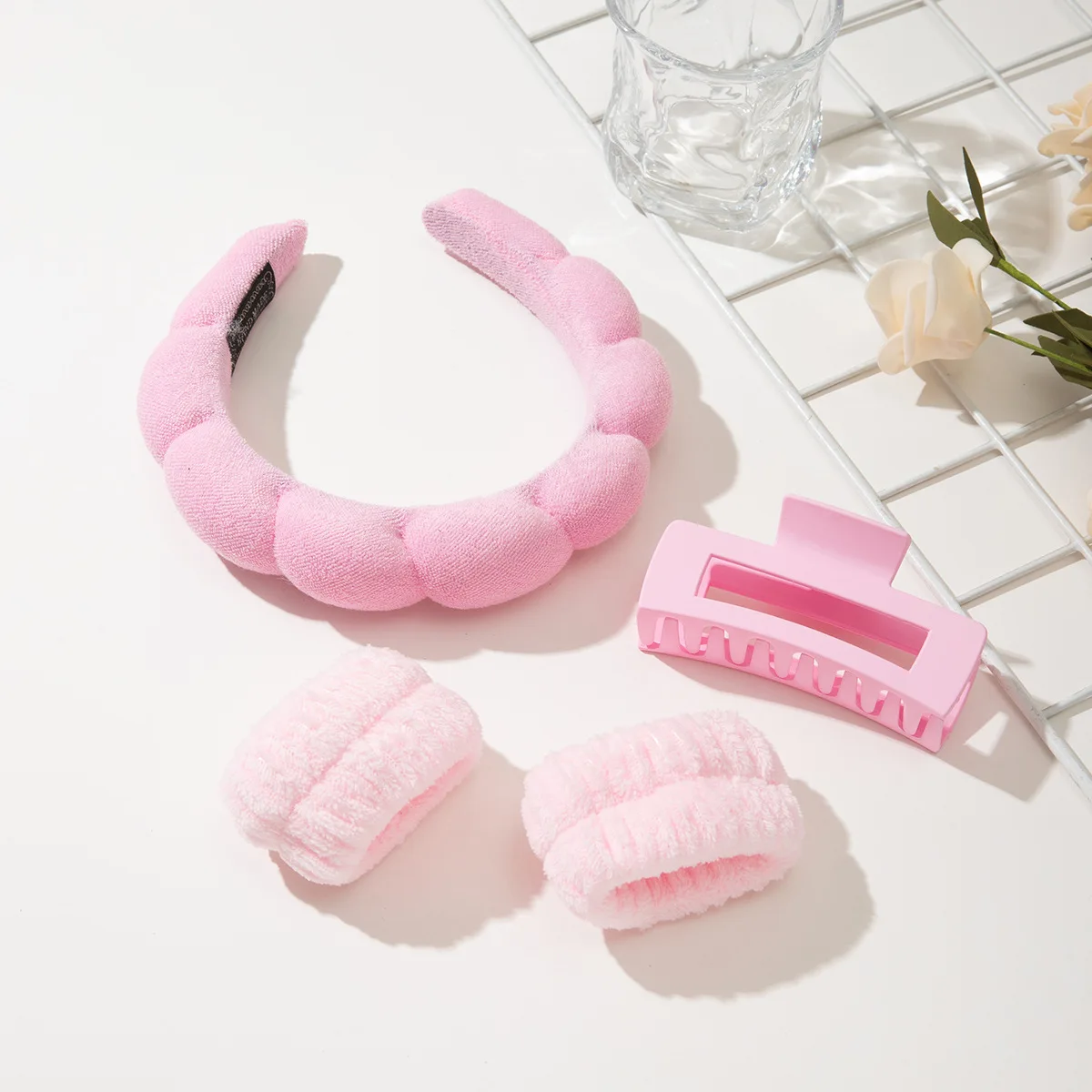 Conjunto de diadema y muñequera para Spa, diadema para el cuidado de la piel para lavar la cara, pinzas para el cabello para cabello grueso, esponja esponjosa bonita, maquillaje de burbujas