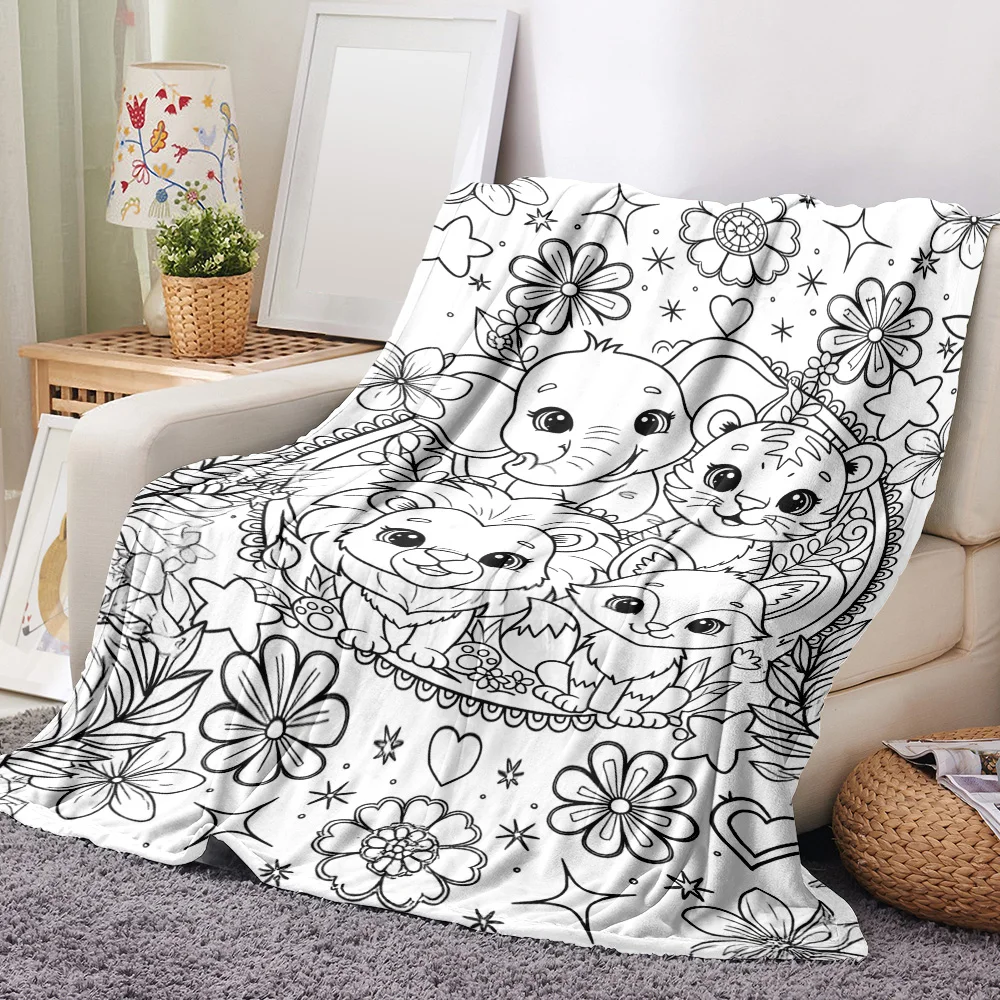 1PC Blanket with Cute Jungle Animal Prints and Your Own Doodle Colors. Great for Travel, Camping, Home Decor and Creative Relaxa