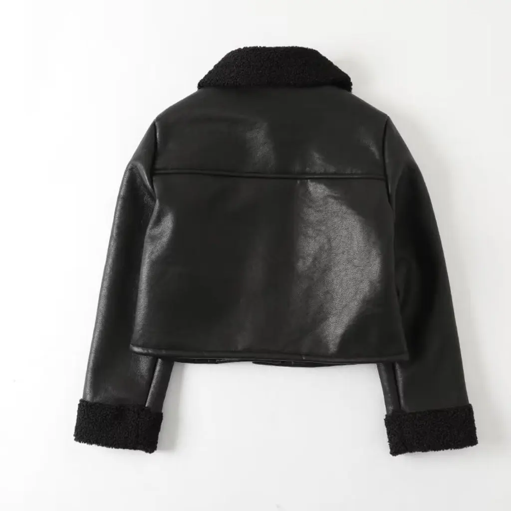 

Winter Warm Black PU Leather Jacket Women's Fashion Single-Breasted Lapel Style European American Style Joker Coat