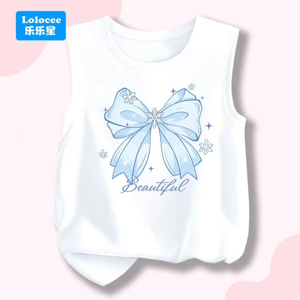Girls' Beautiful Tank Top ,Blue Bow & Snowflake Print Sleeveless T-shirt Summer Casual Vest for Kids HDJ1