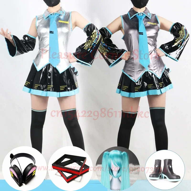 Miku cosplay full set Silver Grey patent leather fabric suit Miku cosplay shoes headwear costume outfit JK uniform cosplay