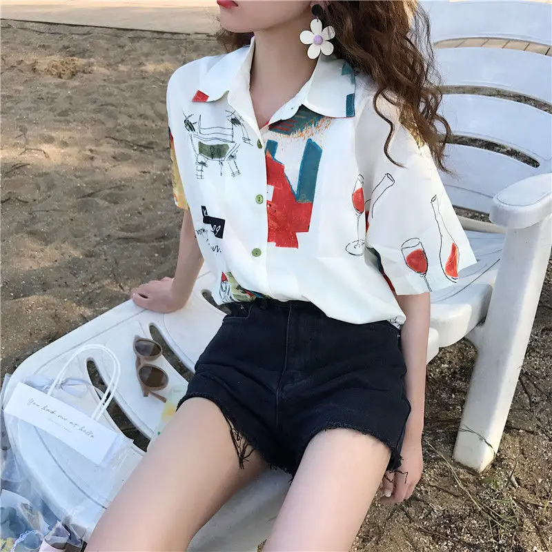 2021 Harajuku Shirt Short Sleeve Tees Chiffon Blouse for Women Women\'s Summer Tunic 2021 Fashion Women Hawaiian Shirt Cute Tops