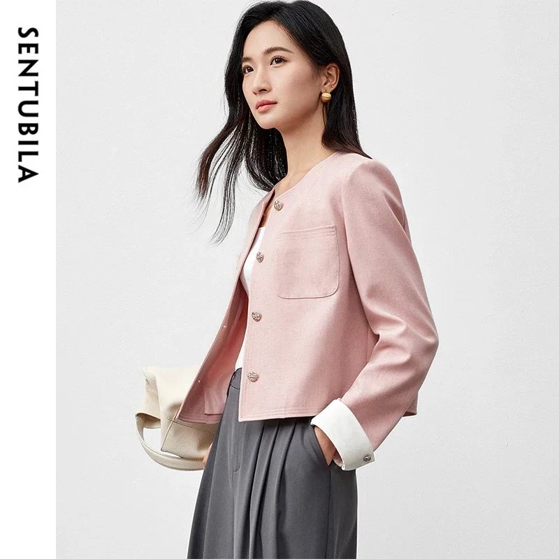 

SENTUBILA Linen Blend Elegant Jackets Women 2025 Spring Fall Spliced Long Sleeve Cropped Jacket Ladies Clothes 151W58756