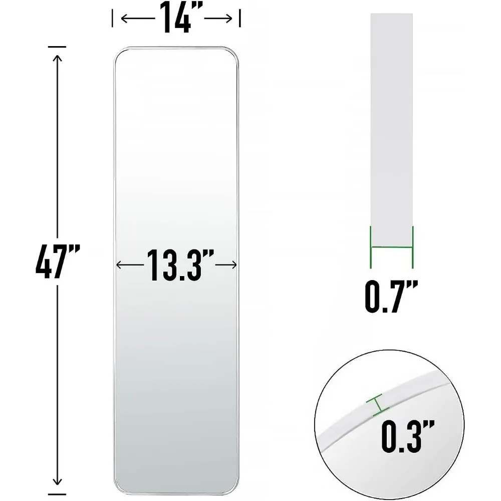 Miroir rectangle pleine longueur, porte de corps, mural, cadre en alliage d'aluminium, verre HD, maquillage en spanMake, 47x14