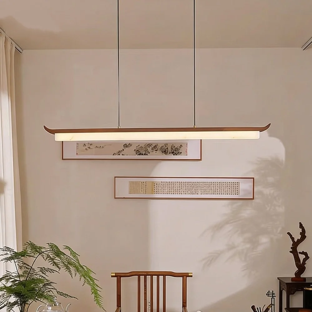 

Retro Long Linear Chandelier LED Faux Alabaster Black Walnut Pendant Lights for Dining Room Bedroom Foyer Entryway Home Decor