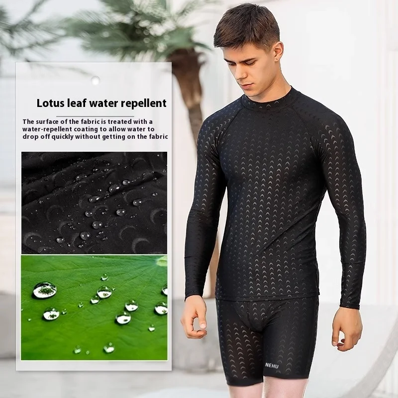 

Faux Sharkskin Swimsuit Men's Long Sleeve Top Swim Trunks Five Points Swimming Suit Men's Professional Sun Protection