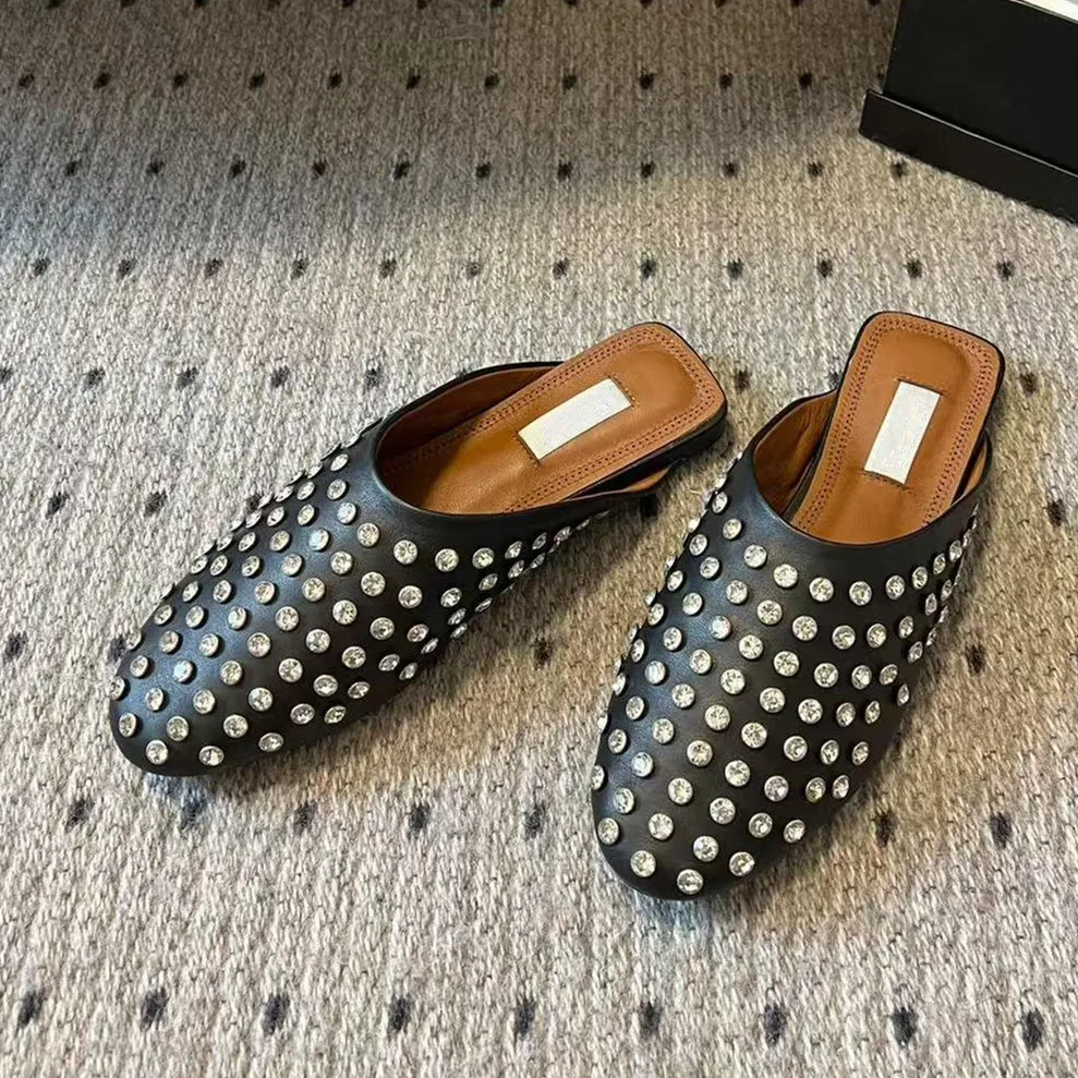 شبشب مولر كسول من الجلد الطبيعي الماسي المائي للنساء ملابس خارجية صيفية، قاعدة مسطحة، غطاء رأس، نصف شبشب مثبت