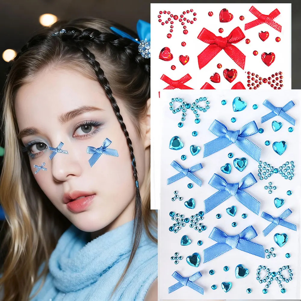 

3D Sweet Blue Red Ribbon Bow Heart Face Gems Sticker Self-Adhesive Love Bow Rhinestone Face Temporary Decals for Party Makeup #e