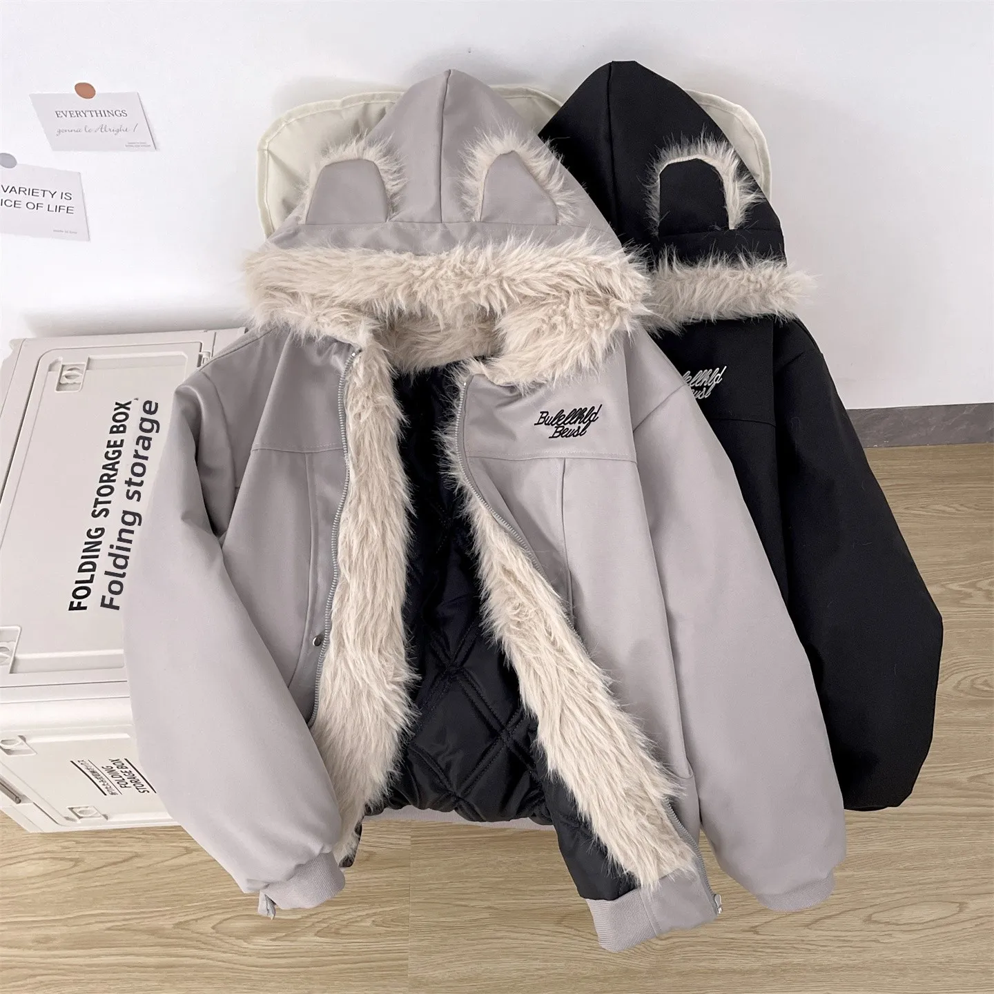 

Thiened Ear Hooded Cotton Jaet Men's American Decosition Cleanfit Warm Fur Collar Anti-cold Outerwear Coat