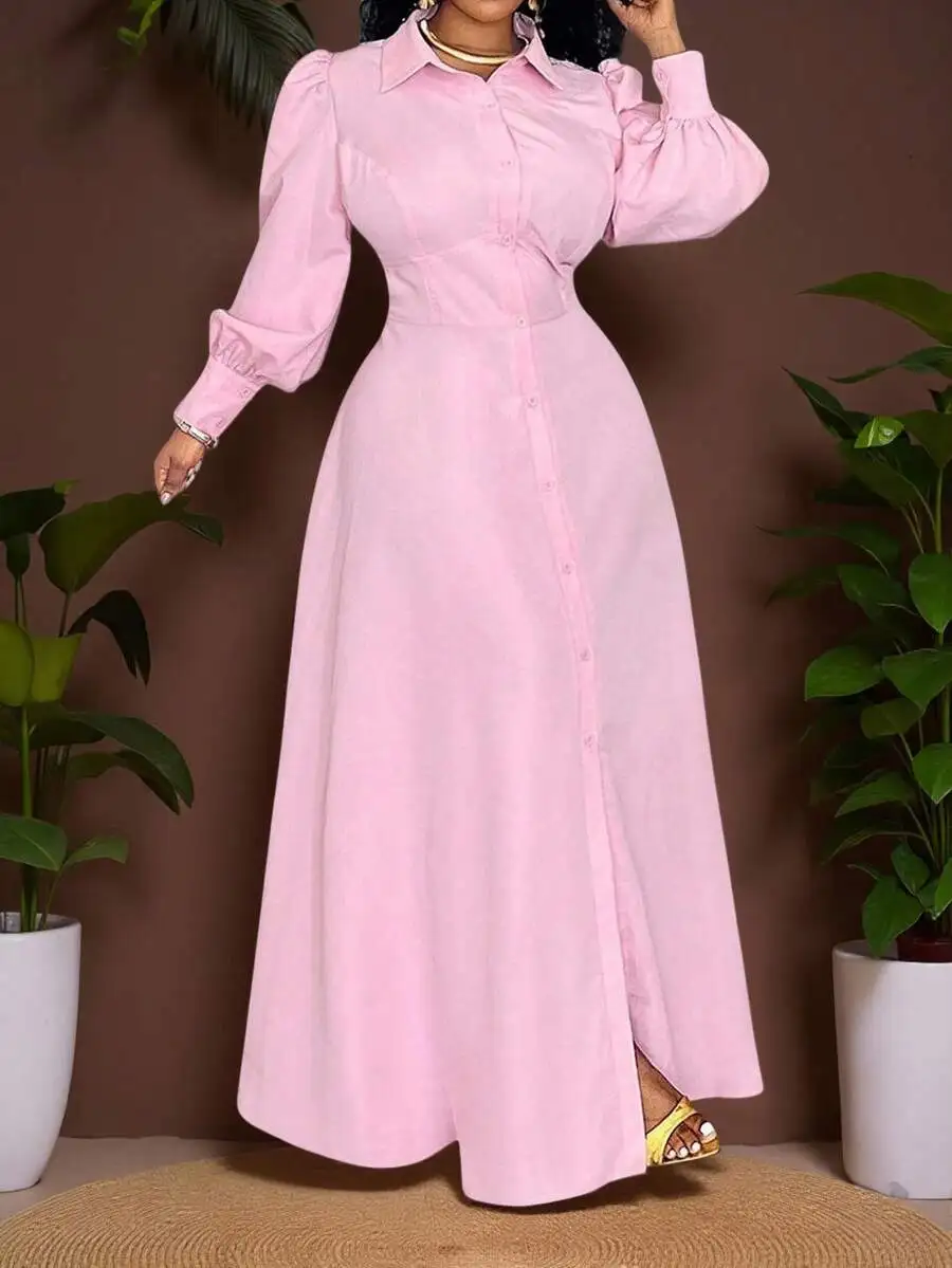 

Plus Size Elegant Solid Color Front Button Long Dress with Puffed Sleeves