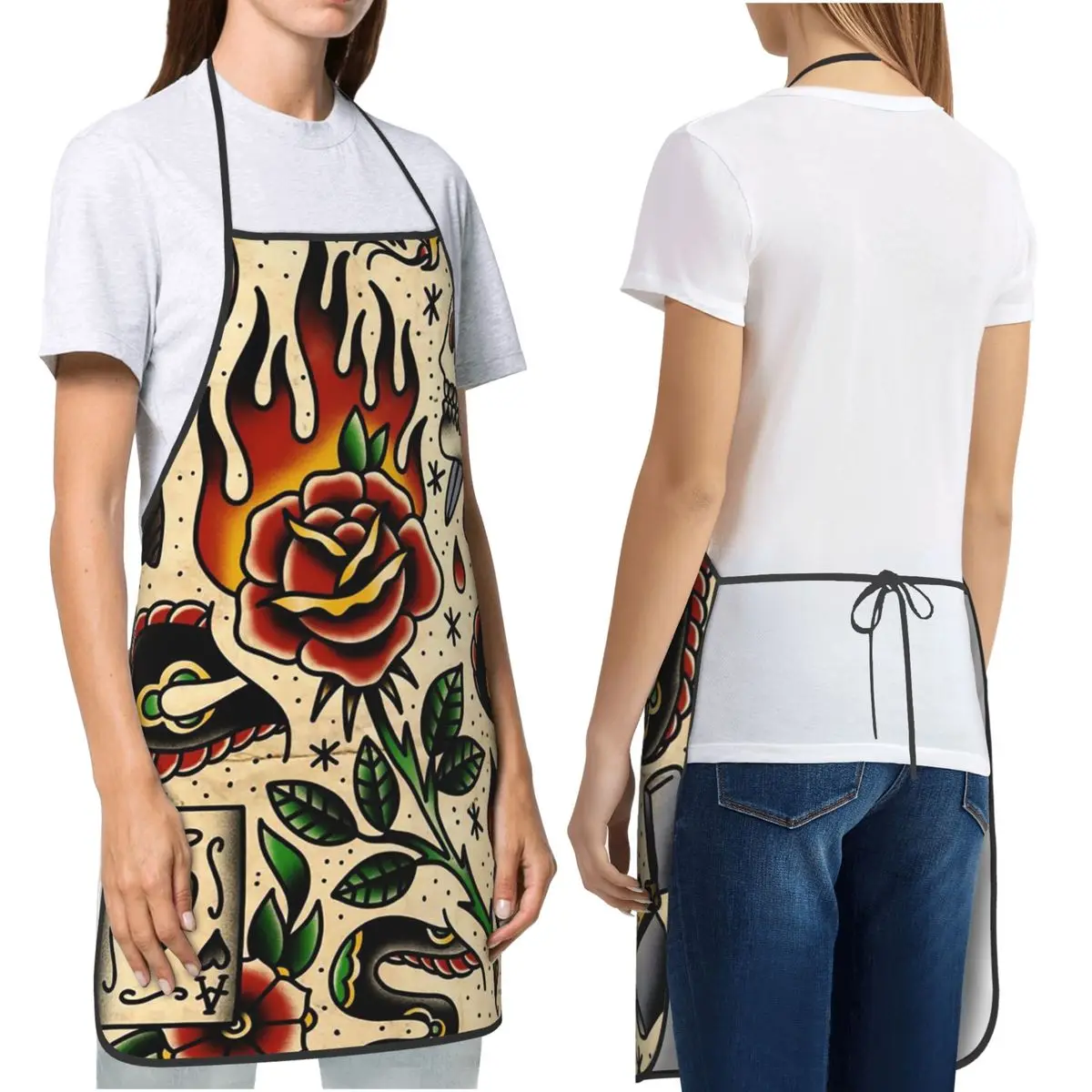 Delantales de tatuaje con patrón de Flash tradicional americano, Tablier de cocina para Chef, babero impermeable, delantal de limpieza de Cocina