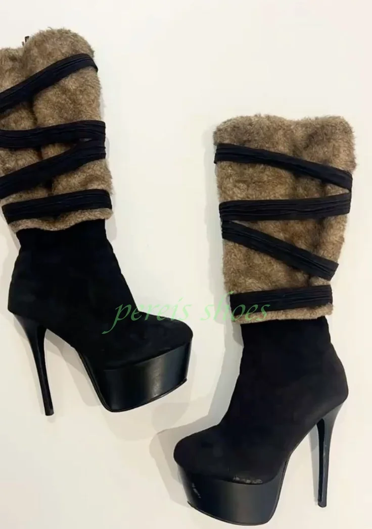 

Lady Fur Lace-Up Platform Knee Boots Warm Winter Suede Black Fur Brown Footwear Size Stiletto Heel Feather Black Zipper Boots 46